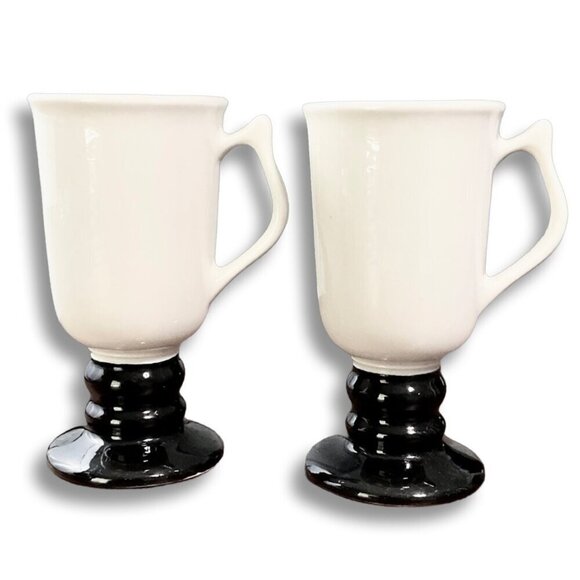 VTG‎ Hall Irish Coffee Mugs 1273 White Black Pedestal 6” Made in USA (Set of 2) - Picture 1 of 7